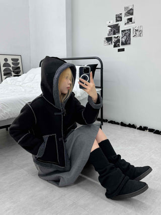 Fuzzy Fleece Hooded Toggle Button Shearling Jacket