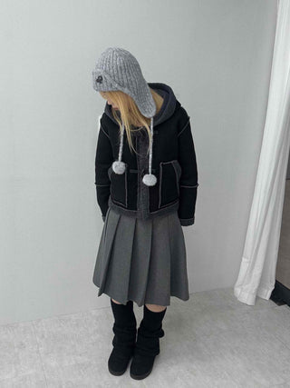 Fuzzy Fleece Hooded Toggle Button Shearling Jacket
