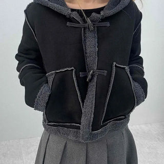 Fuzzy Fleece Hooded Toggle Button Shearling Jacket