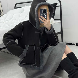 Fuzzy Fleece Hooded Toggle Button Shearling Jacket