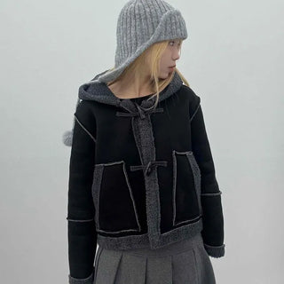 Fuzzy Fleece Hooded Toggle Button Shearling Jacket