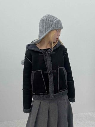 Fuzzy Fleece Hooded Toggle Button Shearling Jacket