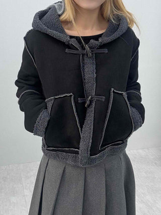 Fuzzy Fleece Hooded Toggle Button Shearling Jacket