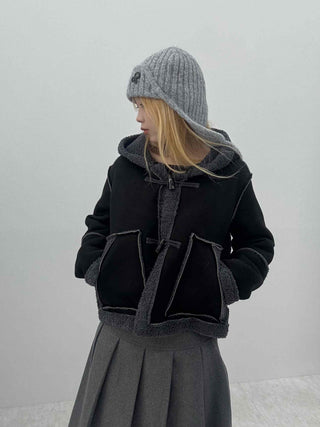 Fuzzy Fleece Hooded Toggle Button Shearling Jacket