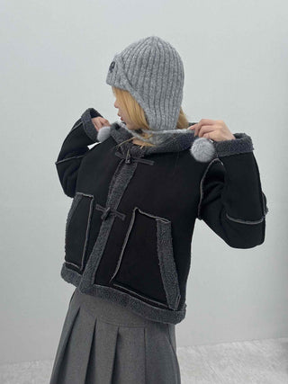 Fuzzy Fleece Hooded Toggle Button Shearling Jacket