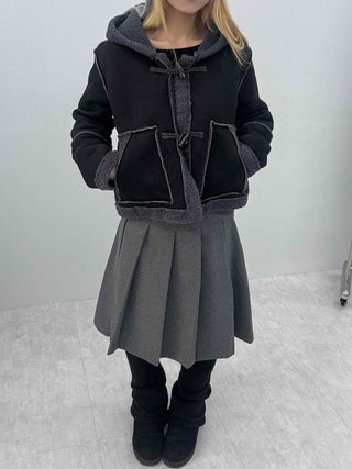 Fuzzy Fleece Hooded Toggle Button Shearling Jacket