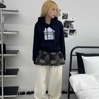 Grunge Lace Trim Check Flare Mini Skirt