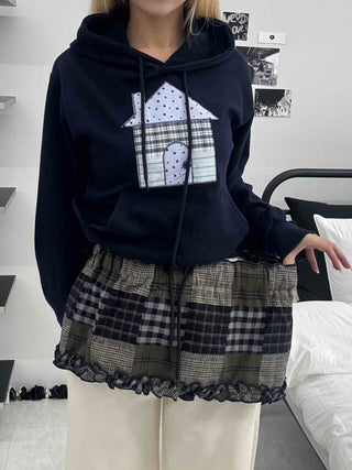Grunge Lace Trim Check Flare Mini Skirt