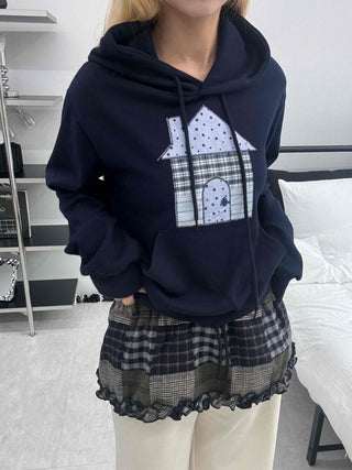 Grunge Lace Trim Check Flare Mini Skirt