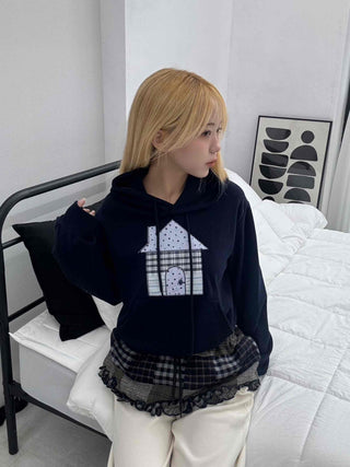 Grunge Lace Trim Check Flare Mini Skirt