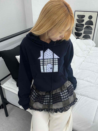 Grunge Lace Trim Check Flare Mini Skirt