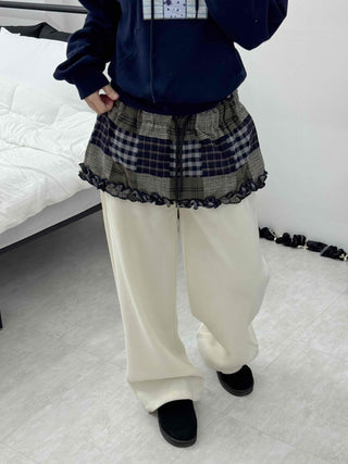 Grunge Lace Trim Check Flare Mini Skirt
