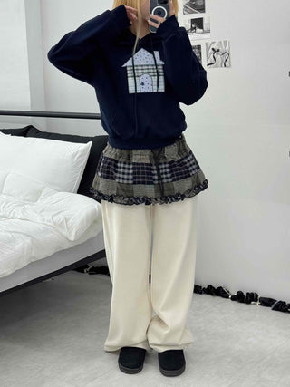 Grunge Lace Trim Check Flare Mini Skirt