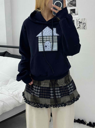 Grunge Lace Trim Check Flare Mini Skirt