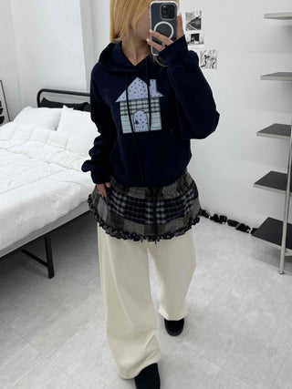 Grunge Lace Trim Check Flare Mini Skirt