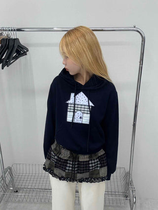 Grunge Lace Trim Check Flare Mini Skirt