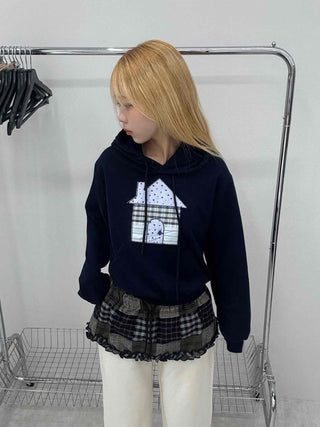 Grunge Lace Trim Check Flare Mini Skirt