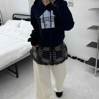 Grunge Lace Trim Check Flare Mini Skirt
