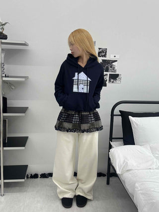 Grunge Lace Trim Check Flare Mini Skirt