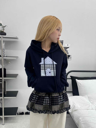 Grunge Lace Trim Check Flare Mini Skirt