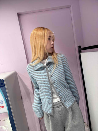 Striped Fluffy Heathered Collar Knit Cardigan