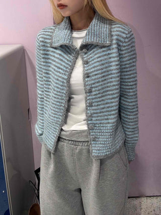 Striped Fluffy Heathered Collar Knit Cardigan
