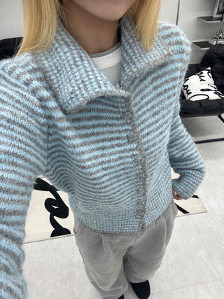 Striped Fluffy Heathered Collar Knit Cardigan