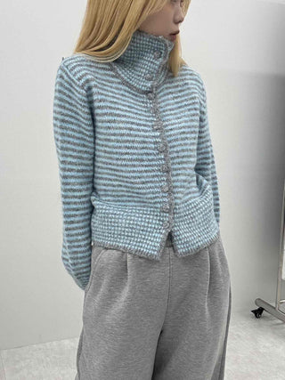 Striped Fluffy Heathered Collar Knit Cardigan