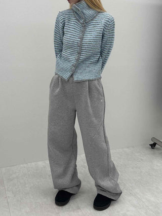 Striped Fluffy Heathered Collar Knit Cardigan