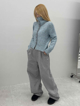 Striped Fluffy Heathered Collar Knit Cardigan