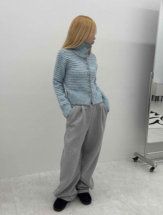 Striped Fluffy Heathered Collar Knit Cardigan