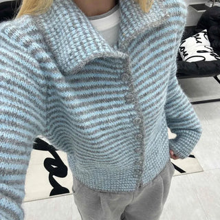 Striped Fluffy Heathered Collar Knit Cardigan