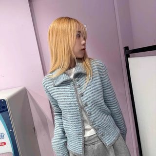 Striped Fluffy Heathered Collar Knit Cardigan