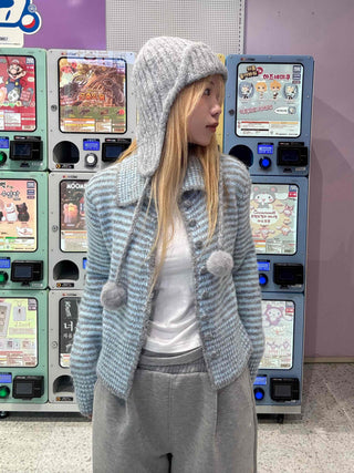Striped Fluffy Heathered Collar Knit Cardigan