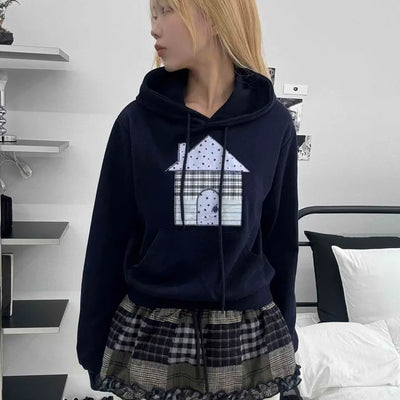 Check House Patch Oversized Crop Hoodie