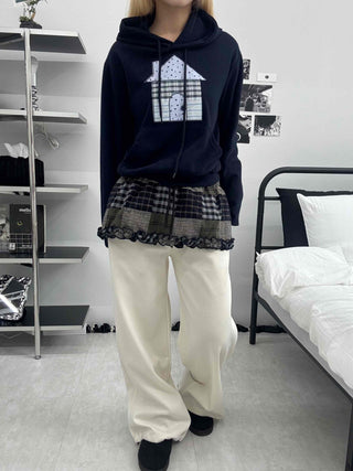 Check House Patch Oversized Crop Hoodie