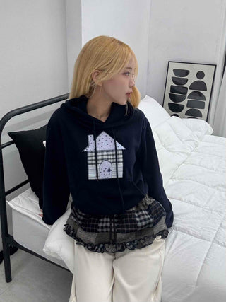 Check House Patch Oversized Crop Hoodie