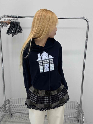 Check House Patch Oversized Crop Hoodie