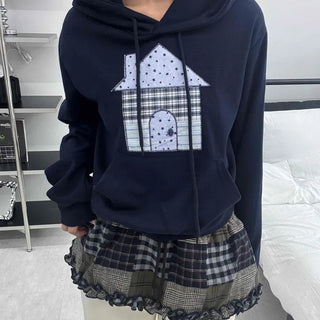 Check House Patch Oversized Crop Hoodie