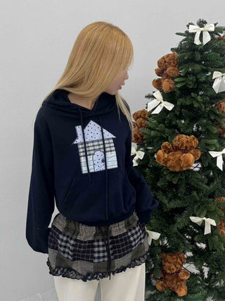 Check House Patch Oversized Crop Hoodie