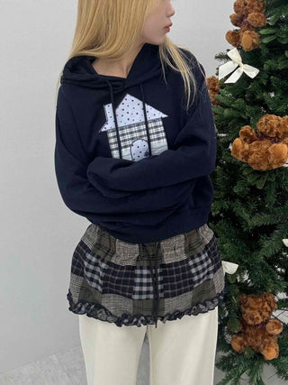 Check House Patch Oversized Crop Hoodie