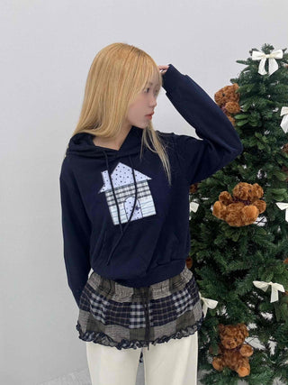 Check House Patch Oversized Crop Hoodie