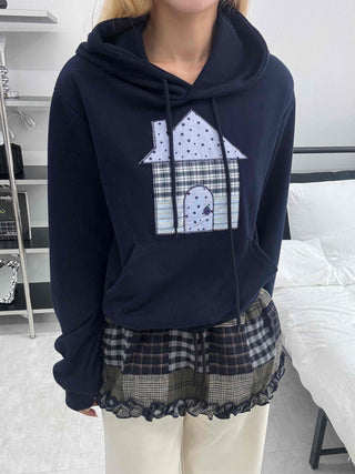 Check House Patch Oversized Crop Hoodie