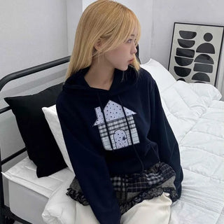 Check House Patch Oversized Crop Hoodie
