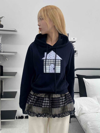 Check House Patch Oversized Crop Hoodie