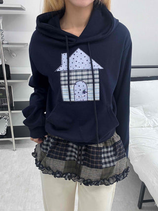Check House Patch Oversized Crop Hoodie