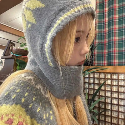Nordic Pattern Hooded Muffler Set Balloon Fit Heathered Knit