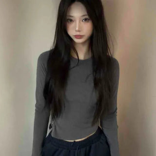 Soft Basic Side Snap Crop Round Neck Long Sleeve Tee
