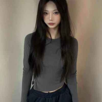 Soft Basic Side Snap Crop Round Neck Long Sleeve Tee