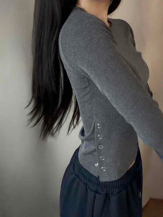 Soft Basic Side Snap Crop Round Neck Long Sleeve Tee
